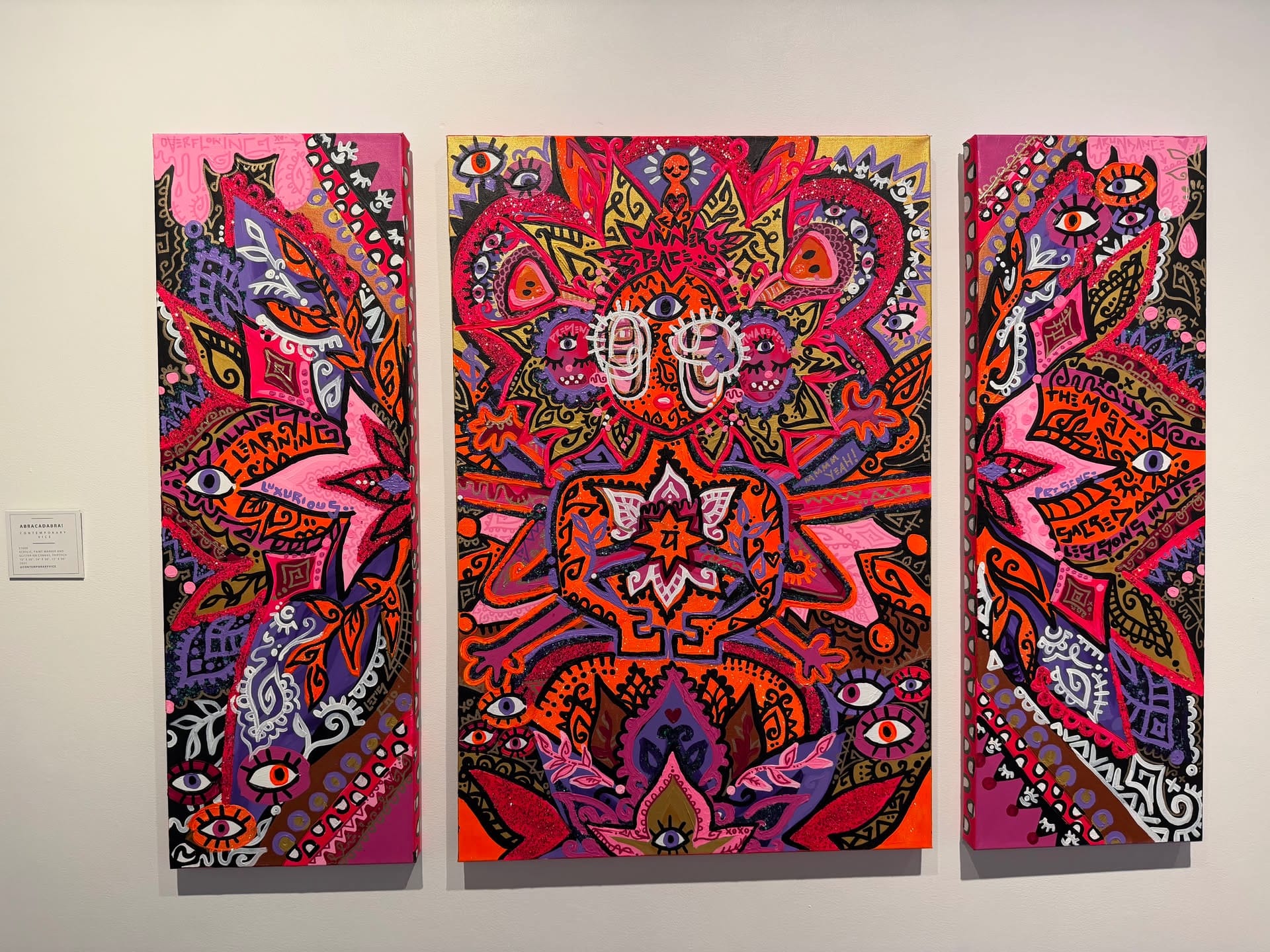 Abracadabra, a vivid pink, orange, and purple triptych in the 2026 exhibition