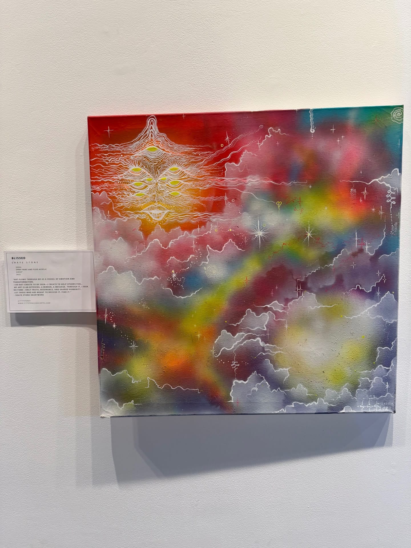 Blissed, a colourful painting with fine white lines and multiple eyes, in the 2026 gallery