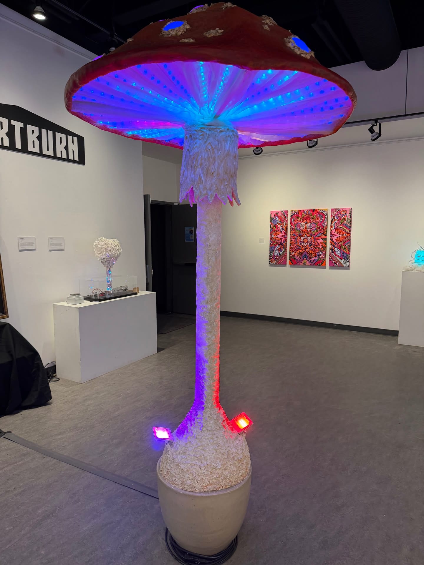Giant illuminated mushroom sculpture in the 2026 heARTburn exhibition